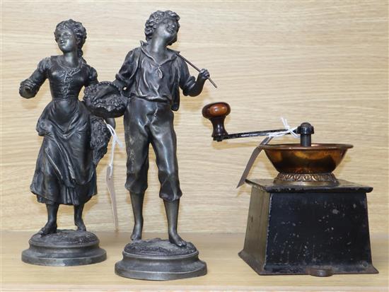 A near-Eastern copper amphora and a Victorian coffee grinder and a pair of spelter figures